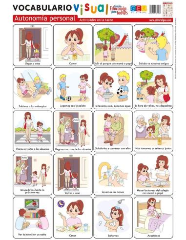 Lámina de vocabulario visual. Autonomía personal: Actividades en la tarde