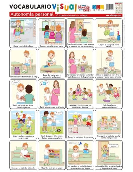 Lámina de vocabulario visual. Autonomía personal: Comportamiento en el colegio